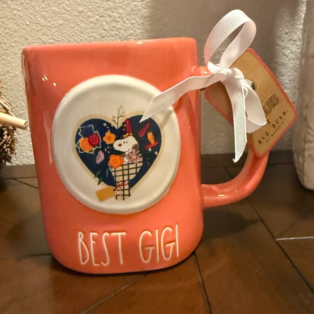 Rae Dunn Coral Ceramic 'Best Gigi' Mug with Heart Snoopy Art